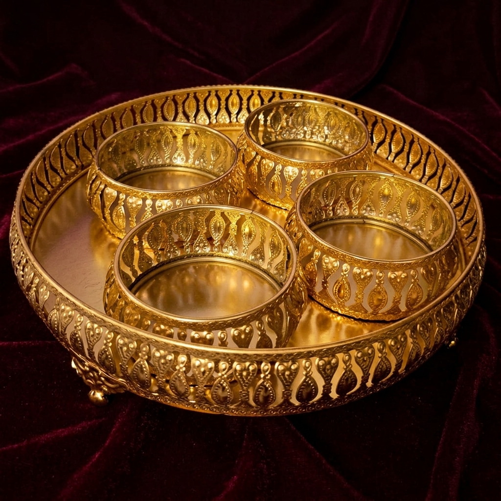 Gold-Finish Decorative Serving Tray with Bowls - Image 2