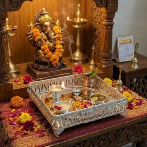 Premium Silver-Plated Decorative Pooja Thali Set with Mirror Base