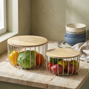 Urban Living Wire Fruit Storage Baskets with Flat Wooden Lids (2-Piece Set)