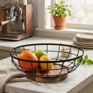 Grid Wire Fruit Bowl with Raised Wood Pedestal Base