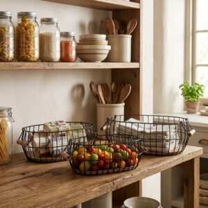 Nest & Sort Black Wire Countertop Baskets with Natural Bases