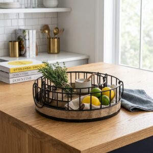 Round Metal Wire Storage Baskets with Wooden Bases (2-Piece Set)
