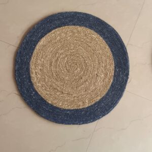 Nautical Navy Border Round Jute Area Rug – Braided Natural Fiber Accent Mat