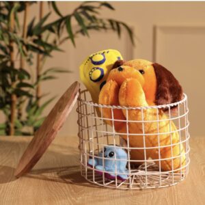 White Wire Grid Toy Storage Basket with Natural Wooden Lid