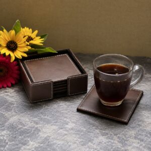 Dark Wood Square Coaster Set with Holder