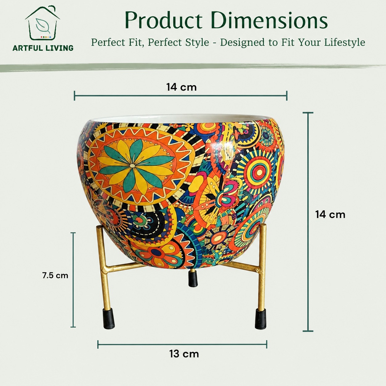 Bohemian-Style Mosaic Patterned Planter with Metal Stand - Image 3