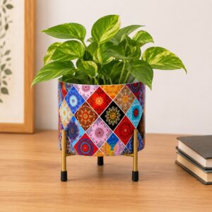 Geometric Patterned Cylindrical Planter with Stand
