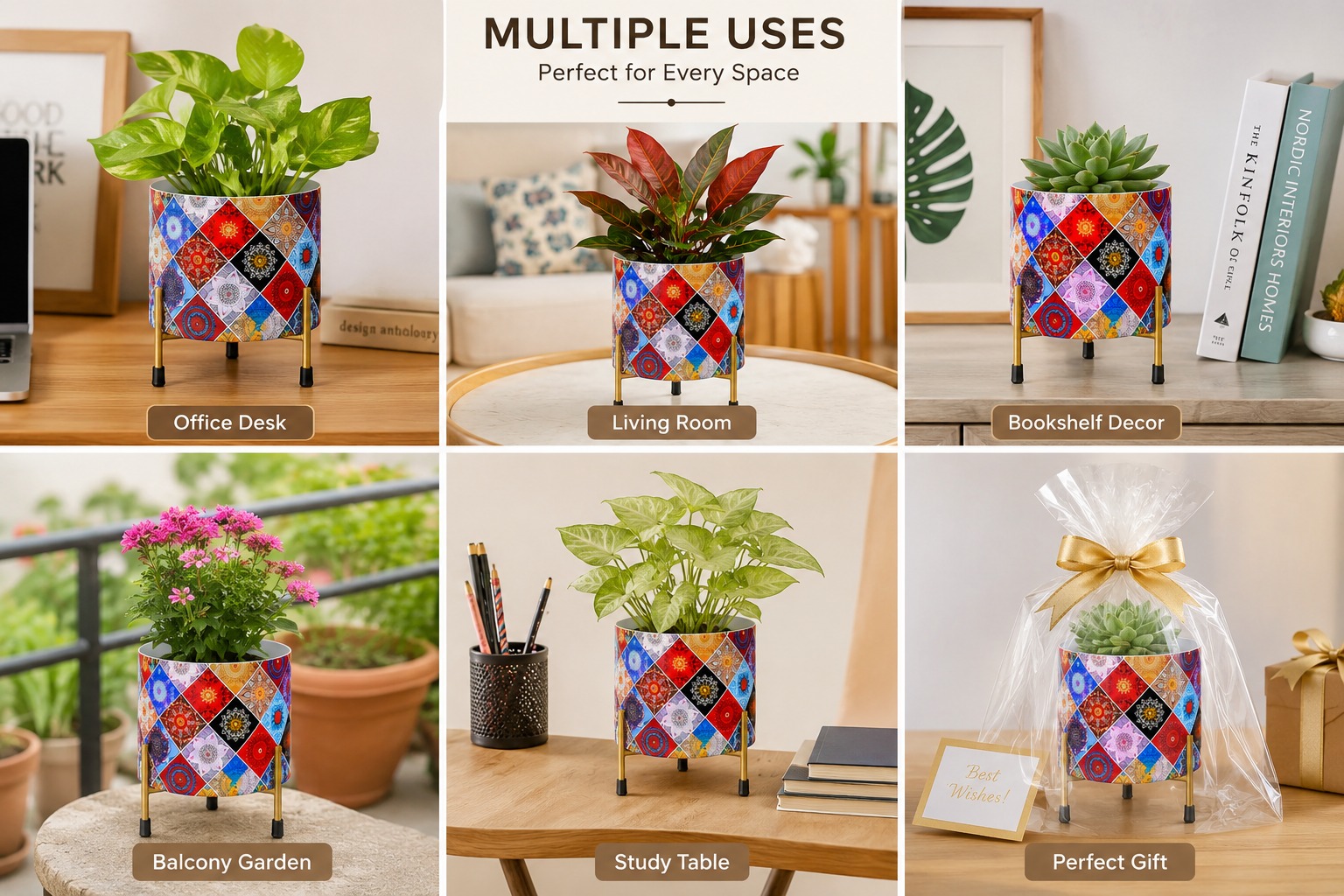 Geometric Patterned Cylindrical Planter with Stand - Image 2