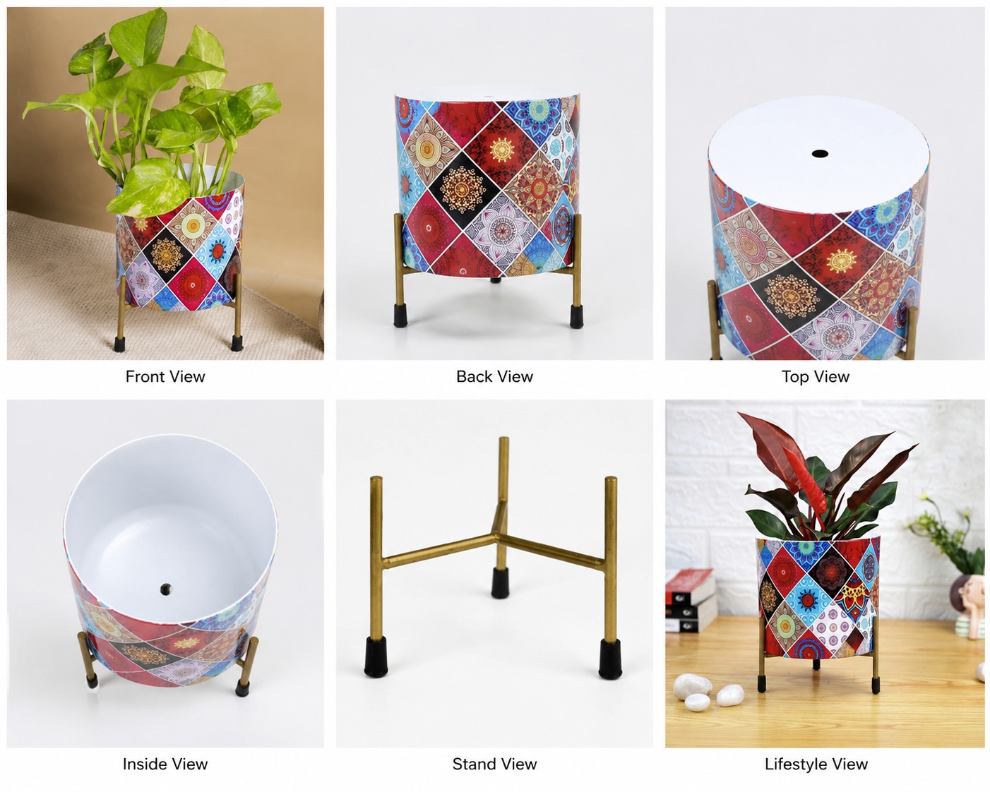 Geometric Patterned Cylindrical Planter with Stand - Image 4