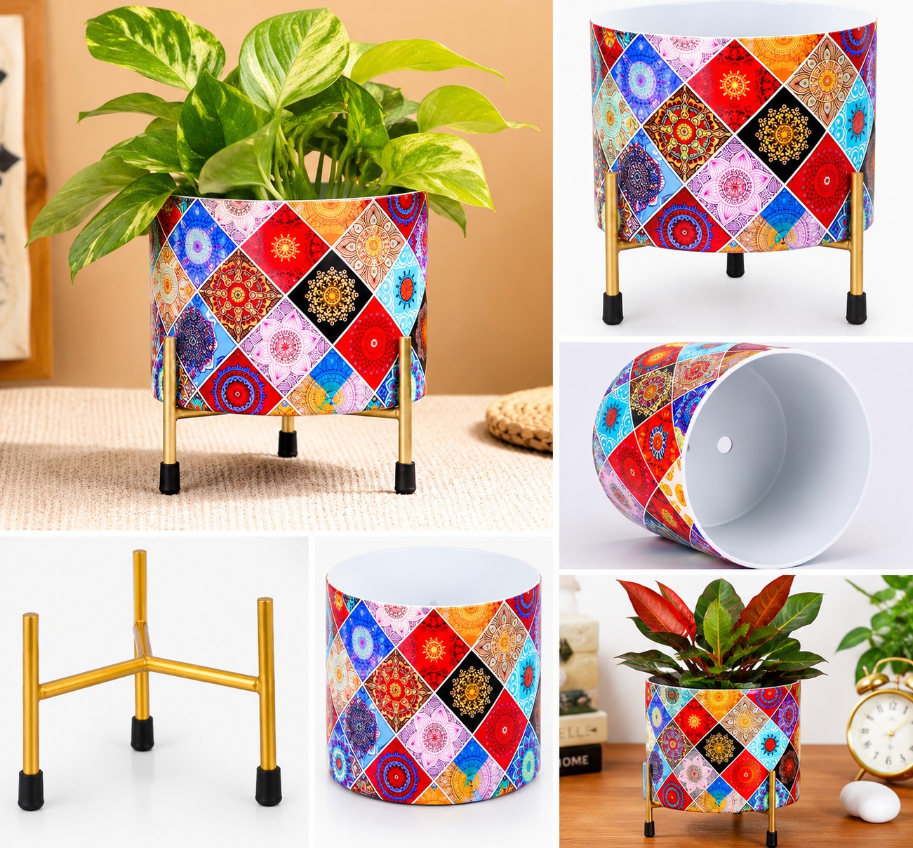 Geometric Patterned Cylindrical Planter with Stand - Image 5
