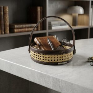 Woven Rattan and Leather Handle Desktop Storage Basket