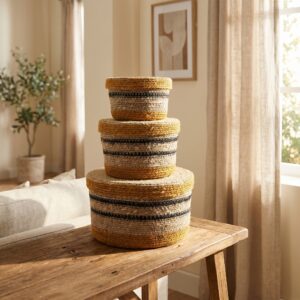 Jute Nesting Storage Boxes with Lids – Striped Organizer Set (3-Piece)