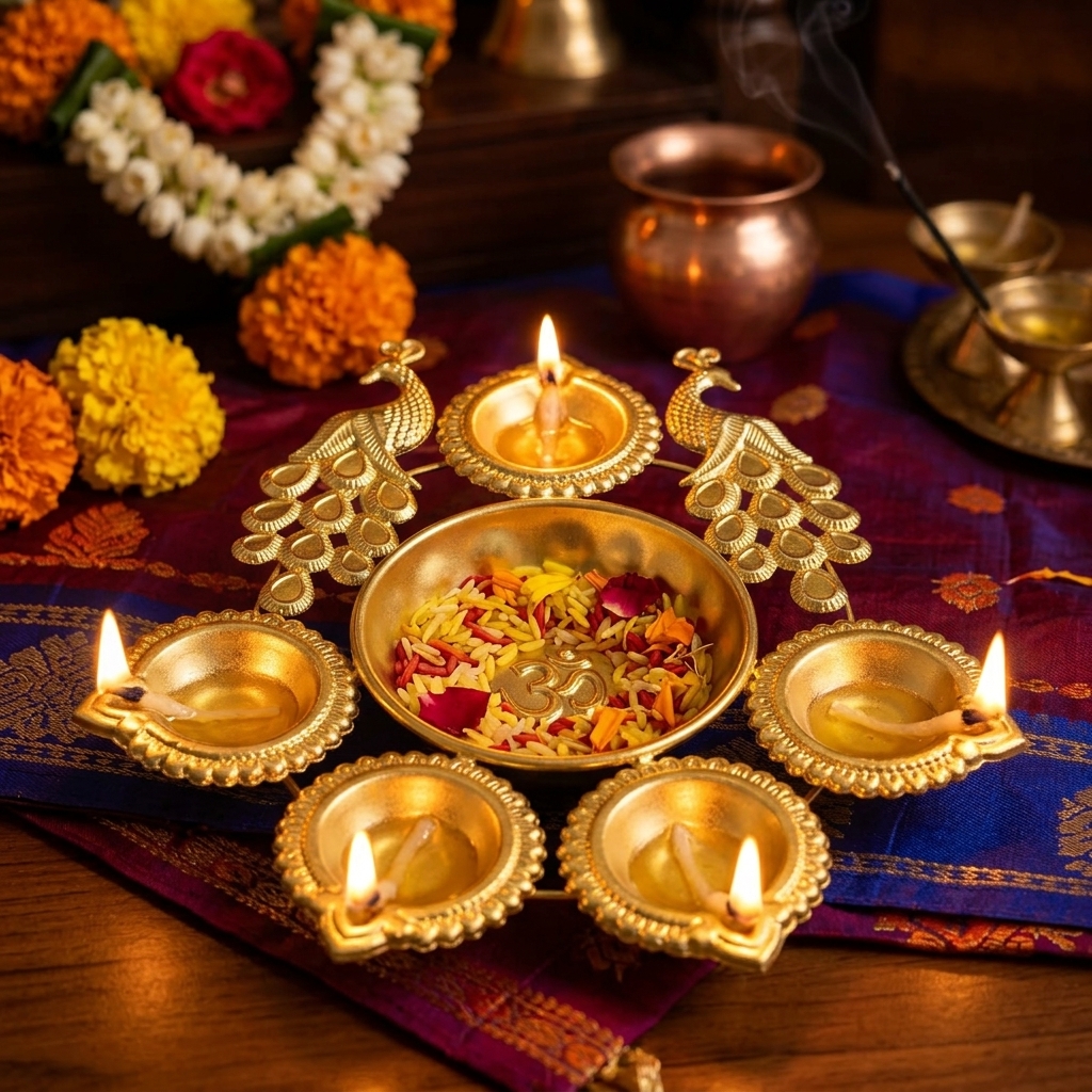 Brass Peacock Diya Urli Platter
