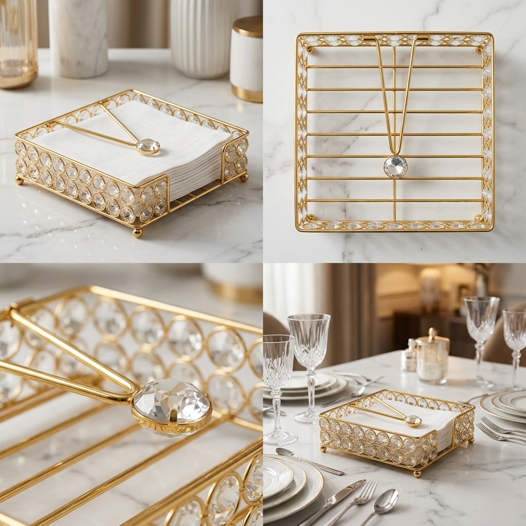 Luxury Crystal Gold Tissue Holder with Metal Frame - Image 2