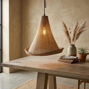 Sculptural Flared Jute Pendant Light – Wavy Brim Hanging Cone Lamp