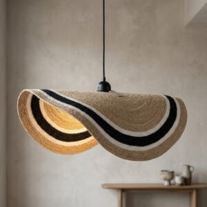 Sculptural Wavy Rattan Pendant Light – Wave Fringe Hanging Lamp with Contrast Striping