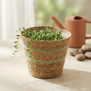 Sage Stripe Woven Seagrass Planter Basket