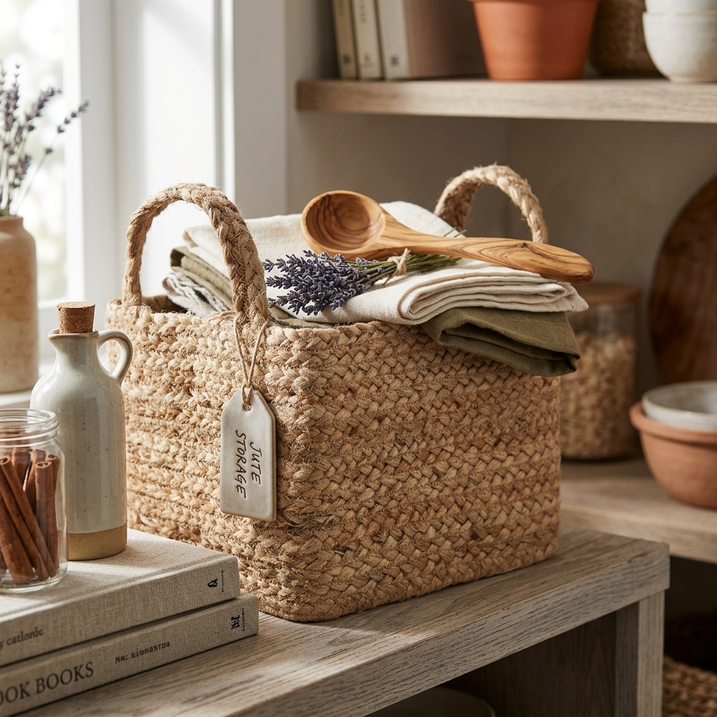 Handwoven Jute Rectangular Storage Basket with Handles - Image 2