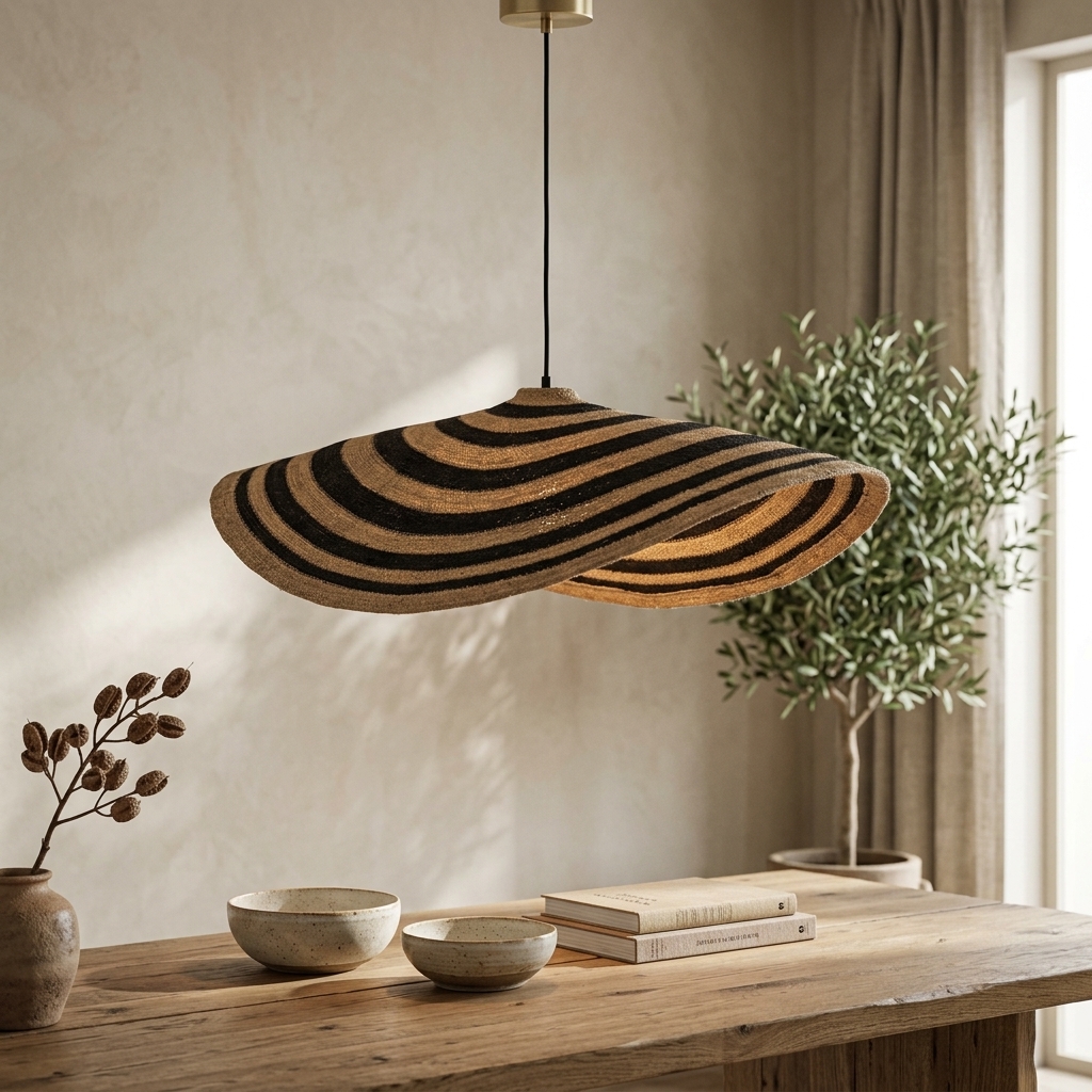 ProductMalibu Striped Woven Rattan Pendant Light – Wave Fringe Hanging Lamp