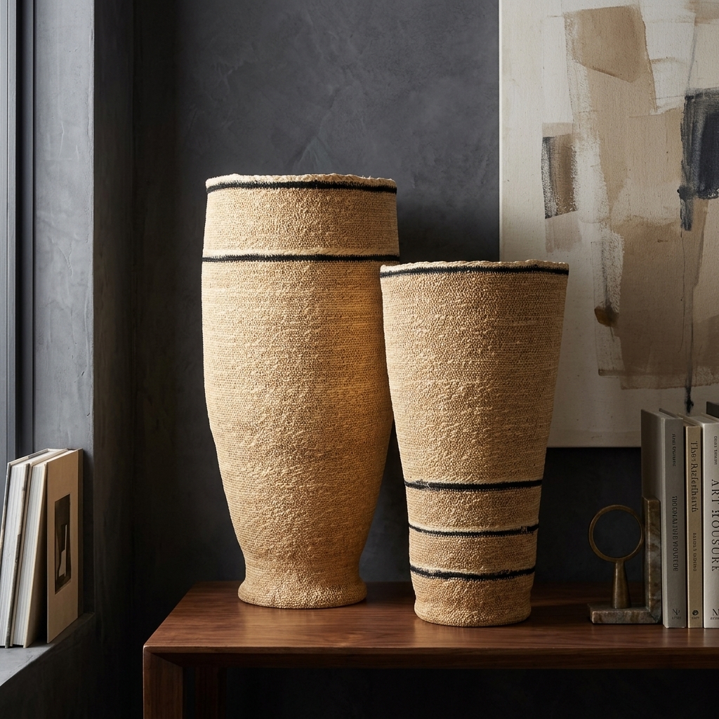 Tall Nesting Jute Baskets with Black Stripe Accents (Set of 2)
