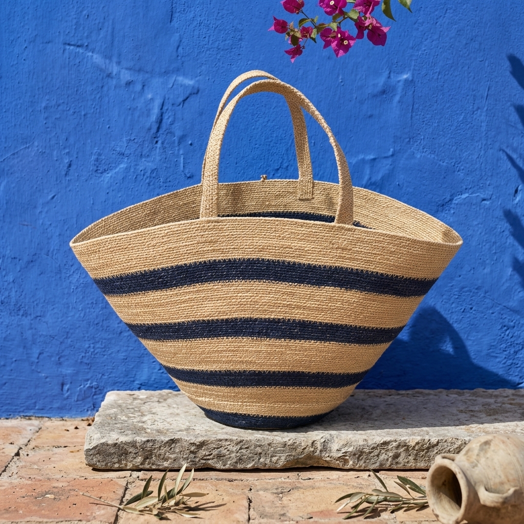 Artisan Handwoven Striped Straw Market Tote Bag