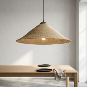 Wide-Brim Woven Pendant Light – Natural Fiber Conical Hanging Lamp