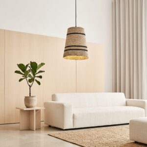 Jute Pendant Light Shade with Triple Black Stripe Accents