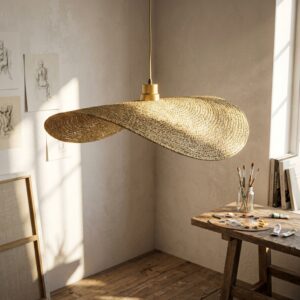 Silhouette Wavy Disc Pendant Light – Low-Profile Braided Straw Hanging Lamp