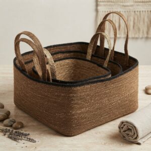 Square Seagrass Tote Storage Baskets (Set of 3)