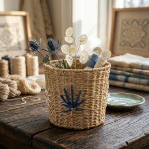 Ocean Blue Embroidered Seagrass Planter Basket