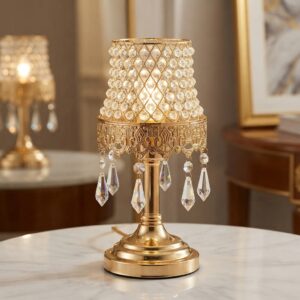Elegant Crystal Beaded Gold Table Lamp with Hanging Pendants