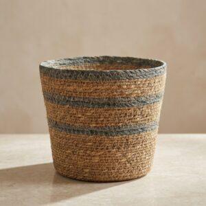 Jute Decorative Basket with Blue Striped Accents