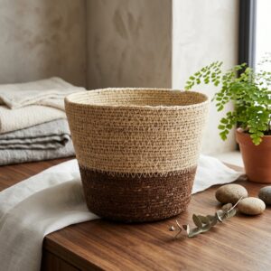 Espresso Base Woven Seagrass Planter – Cream Top Accent Basket