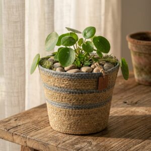Charcoal Stripe Woven Seagrass Planter Basket