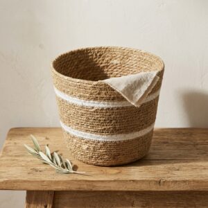 White Double-Stripe Woven Seagrass Planter Basket
