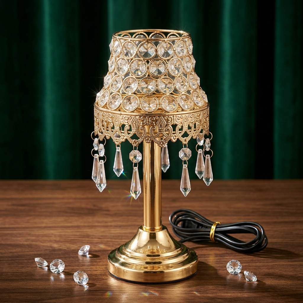 Royal Crystal Gold Table Lamp with Hanging Crystal Accents